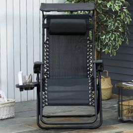 Foldable Zero Gravity Garden Sun Lounger with Cup Holder, Canopy Shade - Black