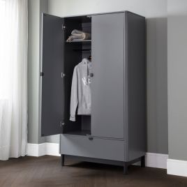Chloe Retro Style 2 Door Wardrobe With 1 Drawer - Grey