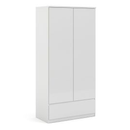 Naia Wardrobe with 2 Doors + 1 Drawer in White High Gloss - White High Gloss