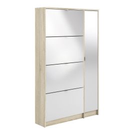 Shoe cabinet w. 4 tilting doors and 2 layers +  1 mirror door - Oak structure White high gloss