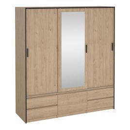 LACOSTE 3 Doors Mirrored Sliding Wardrobe with 4 Drawers Light Oak - 181cm