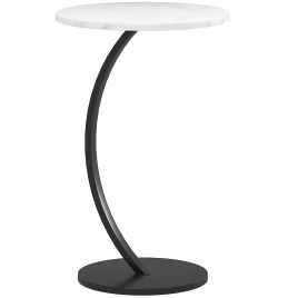 HERON C Shaped Side Table Round Bedside Table with Marble Effect Top White