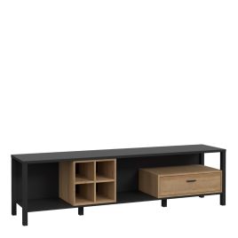 Broxtowe Matt Black Metal Frame Wide TV Unit with Drawer and 4 Cube Open Storage - Riviera Oak