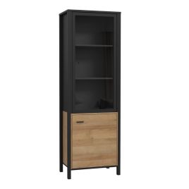 Broxtowe Matt Black Metal Frame Wide Display Cabinet with 2 Doors and Shelves - Riviera Oak