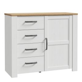 BUENOS 1 Door Sideboard with 4 Drawers - White with Oak Top
