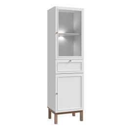 WOFUS Display Cabinet with 1 Door 1 Drawer and  1 Glass Door in Light Grey and Oak inc LED Lighting