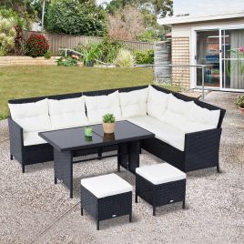 Modern 6PC Rattan Corner Dining Sofa Set - Black