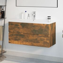 Sink Cabinet with Built-in Basin Smoked Oak Engineered Wood