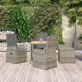 5 Pcs Garden Dining Set Grey Poly Rattan and Solid Wood Acacia