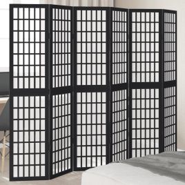 Room Divider 6 Panels Black Solid Wood Paulownia - vid-358778