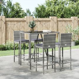 5 Piece Garden Bar Set with Cushions Grey Poly Rattan
