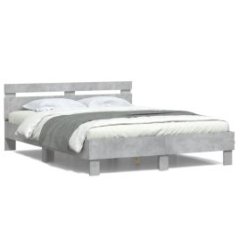 Bed Frame with Headboard and LED Concrete Grey 140x200 cm
