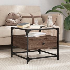 Coffee Table with Glass Top Brown Oak 50x50x45 cm Steel