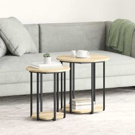 Side Table Set of 2, Sonoma Oak Wood and Metal