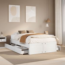 Bedframe with Drawers White 135x190cm Double Solid Wood Pine