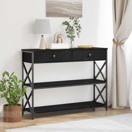 Console Table Black Oak 100x28x75 cm Engineered Wood & Steel