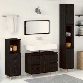 3 Piece Bathroom Furniture Set Black Oak Engineered Wood