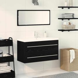 Bathroom Sink Cabinet with Built-in Basin Black Oak Engineered Wood
