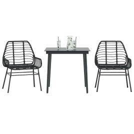 TEUFORD 3 Piece Garden Dining Set Poly Glass Rattan - Black