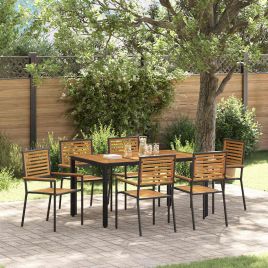 7 Piece Garden Dining Set Black Poly Rattan Acacia