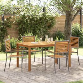 5 Piece Garden Dining Set Grey Poly Rattan Acacia
