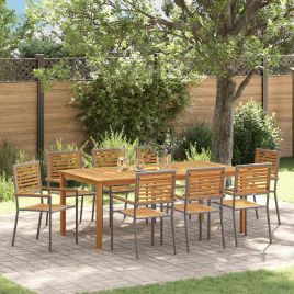 9 Piece Garden Dining Set Grey Poly Rattan Acacia