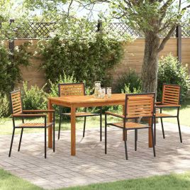5 Piece Garden Dining Set Black Poly Rattan Acacia