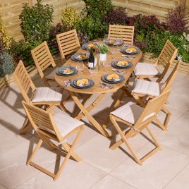 OXRYN Garden 8 Seater Oval Table and Chair Set - Oak Finish