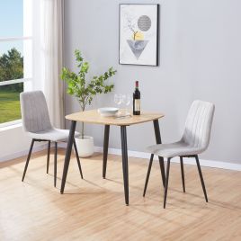 NEXO Square Dining Table with 2 Cord Straight Stitch Fabric Chairs - Light Oak with Light Grey