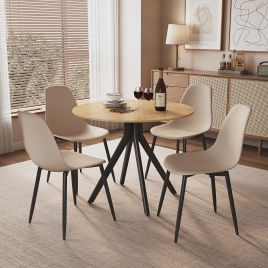 NEXO Round Dining Table with 4 Curve Plastic Chairs - Light Oak with Calico