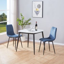 NEXO Sintered Stone Square Dining Table with 2 Cord Straight Stitch Fabric Chairs - Gloss White with Blue