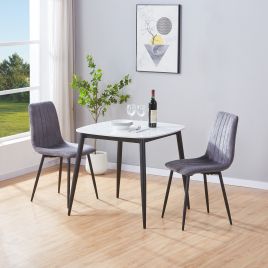NEXO Sintered Stone Square Dining Table with 2 Straight Stitch Fabric Chairs - Gloss White with Grey