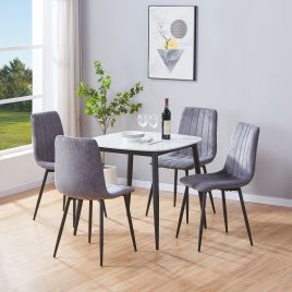 NEXO Sintered Stone Square Dining Table with 4 Straight Stitch Fabric Chairs - Gloss White with Grey