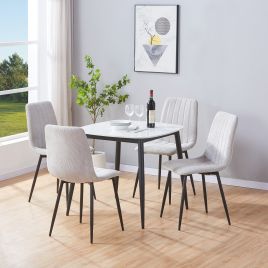 NEXO Sintered Stone Square Dining Table with 4 Cord Straight Stitch Fabric Chairs - Gloss White with Light Grey