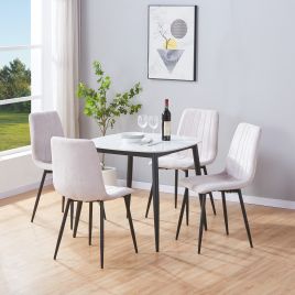 NEXO Sintered Stone Square Dining Table with 4 Straight Stitch Fabric Chairs - Gloss White with Natural