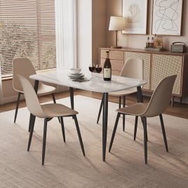 NEXO Sintered Stone Rectangular Dining Table with 4 Curve Plastic Chairs - Gloss White with Calico