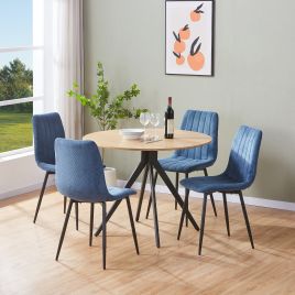 NEXO Round Dining Table with 4 Straight Stitch Fabric Chairs - Light Oak with Blue