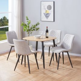 NEXO Square Dining Table with 4 Cord Diamond Stitch Fabric Chairs - Light Oak with Light Grey