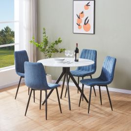 NEXO Sintered Stone Round Dining Table with 4 Cord Straight Stitch Fabric Chairs - Gloss White with Blue