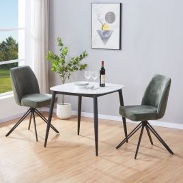 NEXO Sintered Stone Square Dining Table with 2 Swivel Fabric Chairs - Gloss White with Green