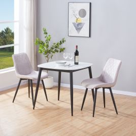 NEXO Sintered Stone Square Dining Table with 2 Diamond Stitch Fabric Chairs - Gloss White with Natural