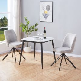 NEXO Sintered Stone Square Dining Table with 2 Swivel Fabric Chairs - Gloss White with Light Grey
