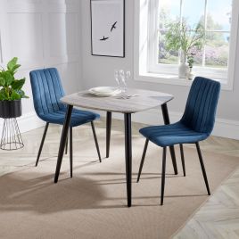 NEXO Square Dining Table with 2 Straight Stitch Fabric Chairs - Grey Oak with Blue