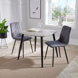 NEXO Square Dining Table with 2 Straight Stitch Fabric Chairs - Grey Oak with Grey