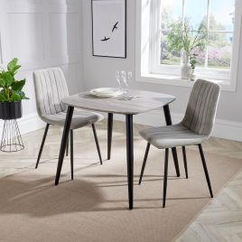 NEXO Square Dining Table with 2 Straight Stitch Fabric Chairs - Grey Oak with Light Grey