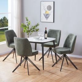 NEXO Sintered Stone Square Dining Table with 4 Swivel Fabric Chairs - Gloss White with Green