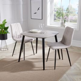 NEXO Square Dining Table with 2 Straight Stitch Fabric Chairs - Grey Oak with Natural