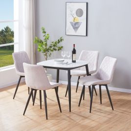 NEXO Sintered Stone Square Dining Table with 4 Diamond Stitch Fabric Chairs - Gloss White with Natural