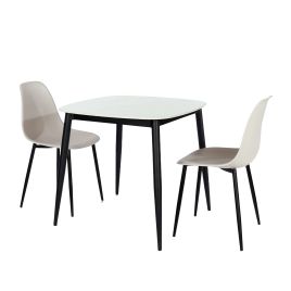 NEXO Sintered Stone Square Dining Table with 2 Curve Plastic Chairs - Gloss White with Calico
