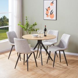 NEXO Round Dining Table with 4 Cord Diamond Stitch Fabric Chairs - Light Oak with Light Grey